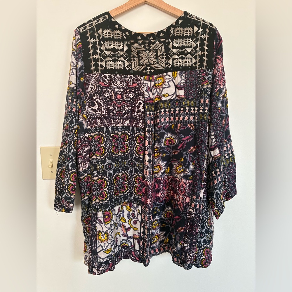 John Mark Tunic Top 2X Patchwork Boho Floral 3/4 … - image 2